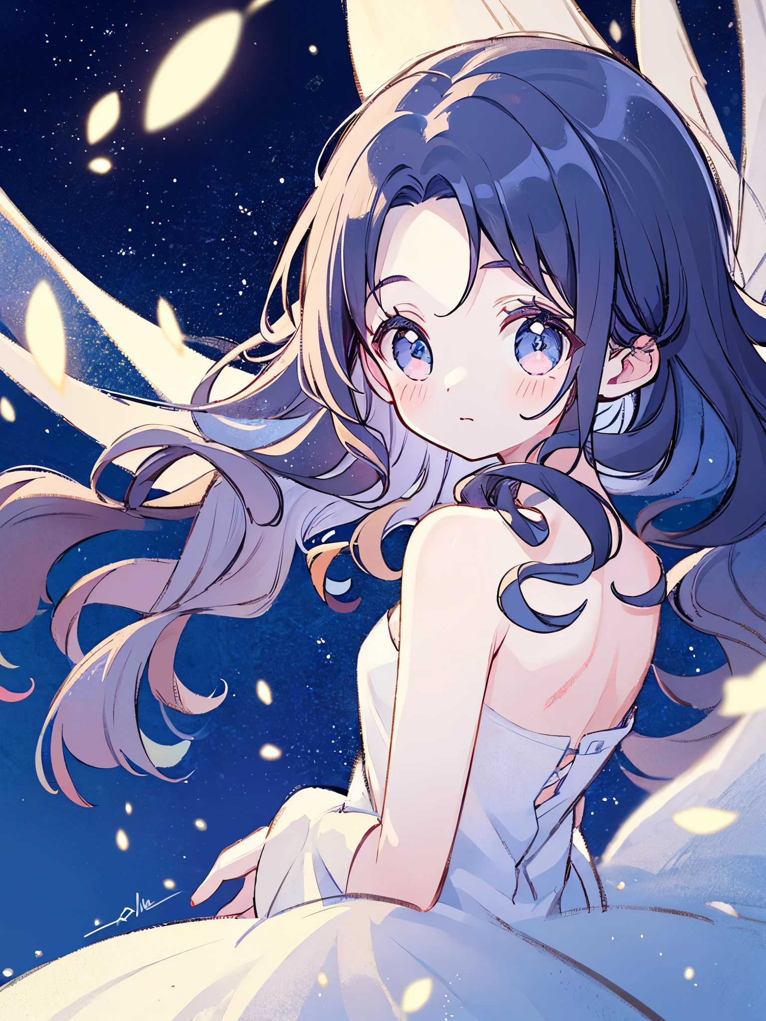 nude angel girl wearing an ethereal translucent dress, pale skin, ((blue mint wavy hair)), white feathers, angel wings, sparkling detailed eyes, golden ratio face, perfect composition, highly detailed, ethereal, (starry night sky background), midjourney style