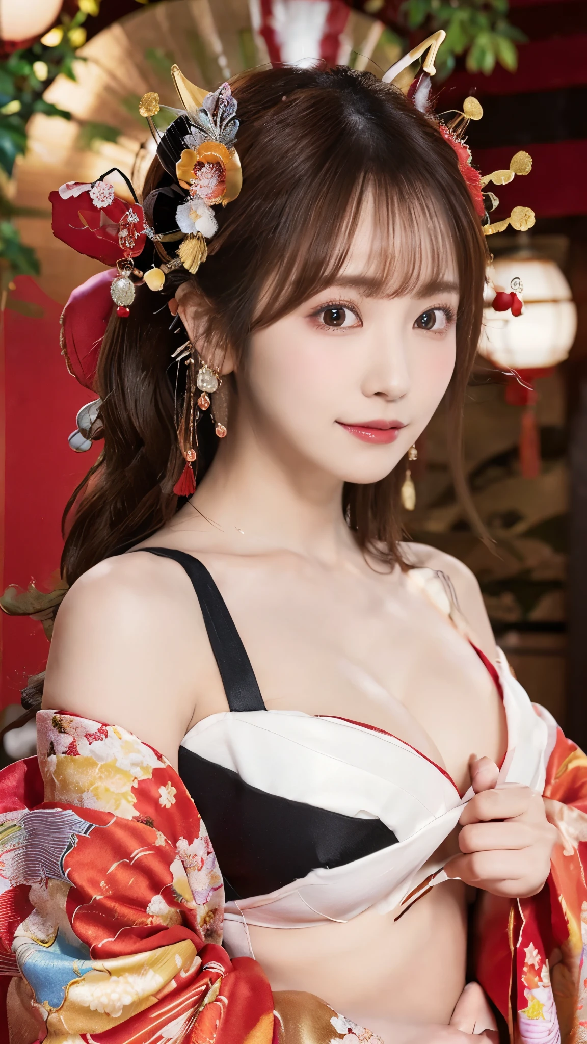 (Detailed skin:1.2),(Shiny skin:1.1),8K,Highest quality, masterpiece, Ultra-high resolution,(Realistic:1.4), RAW Photos,(Soft saturation:1.3),(Fair skin:1.2),Half-Japanese beauty,repair,20 years, Light brown hair, (Up-Hairstyles:1.2), Asymmetrical Hair, (Pretty face:1.4), (Large Breasts, Tight waist), Beautiful lighting, (Sexy Oiran:1.2,),Highly detailed face, Highly detailed lips, fine grain, double eyelid, (Sharp focus: 1.2), (Perfect Anatomy),(Beautiful woman with perfect figure: 1.2)、Exposing cleavage、Random sexy poses,(Accentuate your leg lines:1.1)、kimono、Sharp Eyes,smile、Gorgeous hair ornament、Japanese style background