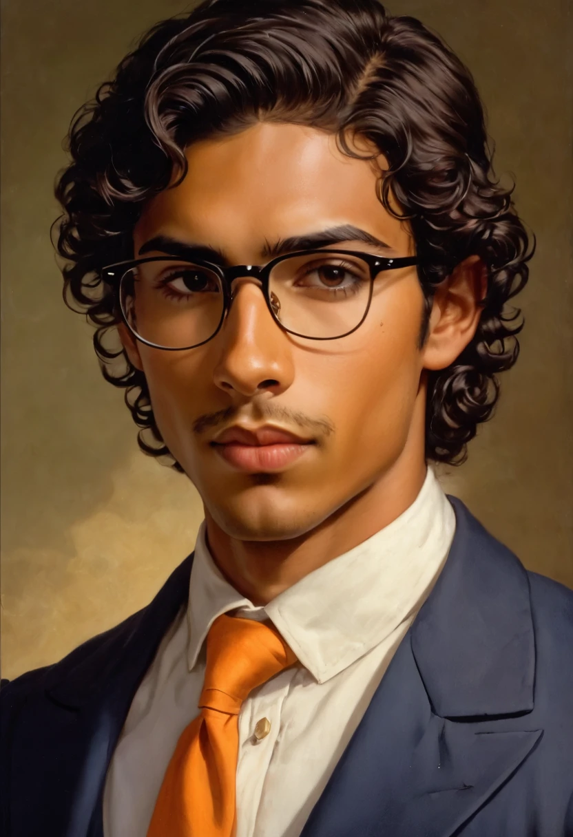 Image painting and photography, 1800's style portrait from side waist up, of a 25-year-old man, latino, short wavy black hair, small black eyes, Roman nose, small mouth thin lips, oval face, wears glasses, slender athletic toned body, tall, realistic soft tan skin, superb and arrogant look, looks straight at the camera, the navy blue jacket dress,  Orange tie, white shirt, holds a kiwi, window background watch storm lighthouse