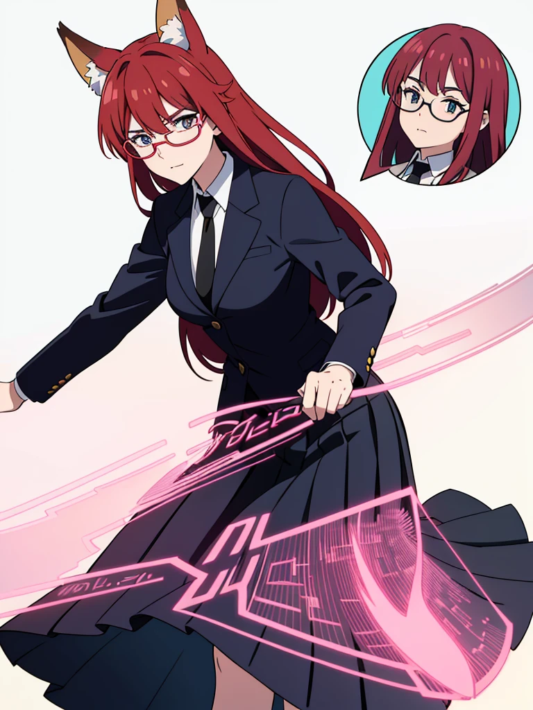 1girl ,solo,20s,mature female,red hair,long hair,fox ears,(white background, line drawing),shirt,black standard tie,blue blazer,long sleeves, black pleated skirt,pink cyber glasses