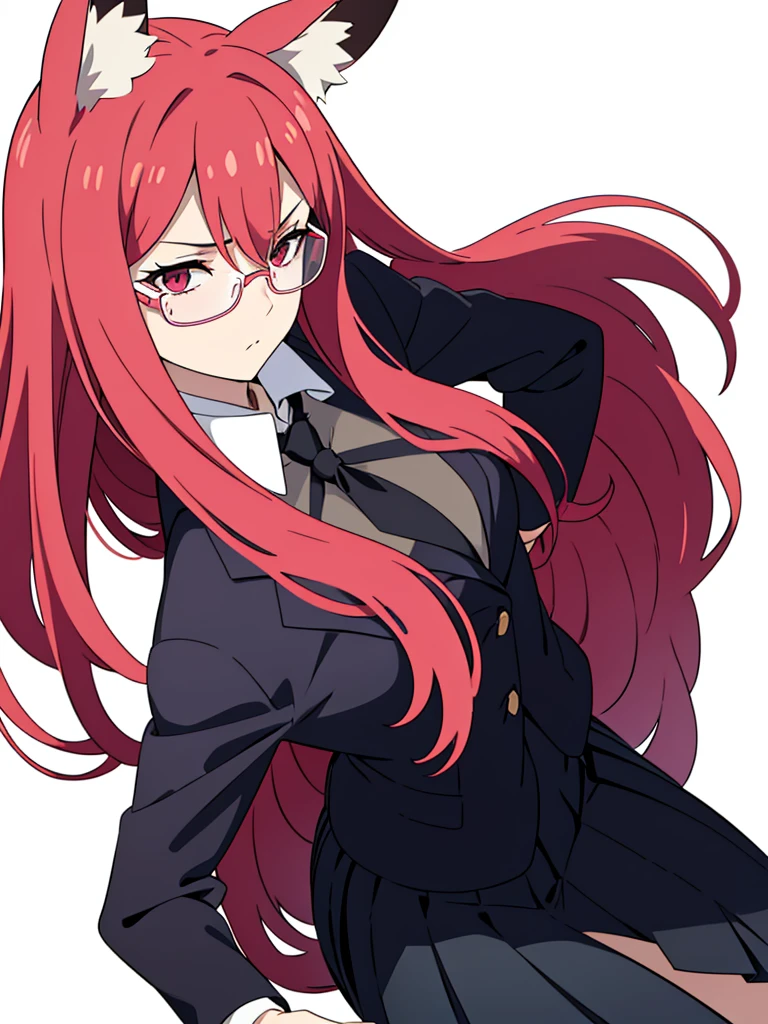 1girl ,solo,20s,mature female,red hair,long hair,fox ears,(white background, line drawing),shirt,black standard tie,blue blazer,long sleeves, black pleated skirt,pink cyber glasses