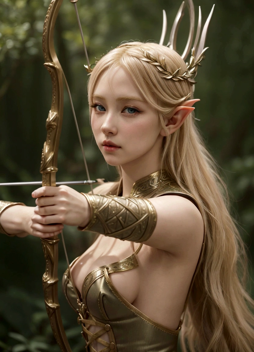 blond woman in corset with bow and arrow in hand, elven warrior princess, blonde elvish empress, very beautiful elven top model, beautiful elven princess, alluring elf princess knight, elven princess, fantasy character photo, beautiful and elegant female elf, side portrait of elven royalty, elf princess, of an elden ring elf, fantasy photoshoot