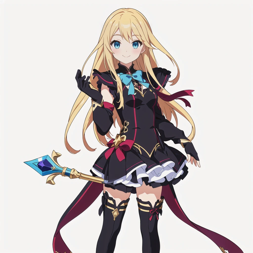 Highest quality, high resolution, High quality anime art style, Perfect hands,Perfect Fingers.Official Art, Smooth anime CG art, Stylized anime, Cute 3D anime girl render, Visual Novel Sprites, White background, whole body, Anime-style 3D, Smooth anime CG art, humanoid woman, JRPG Characters, Magical Girl Style, Anime woman in a black dress with maroon ribbon, Black gloves, Blonde, Long Hair, Light blue eyes, smile, （（Holding an ornate magic wand in his right hand））, Small Bust, Small breasts, 15 years old, 
