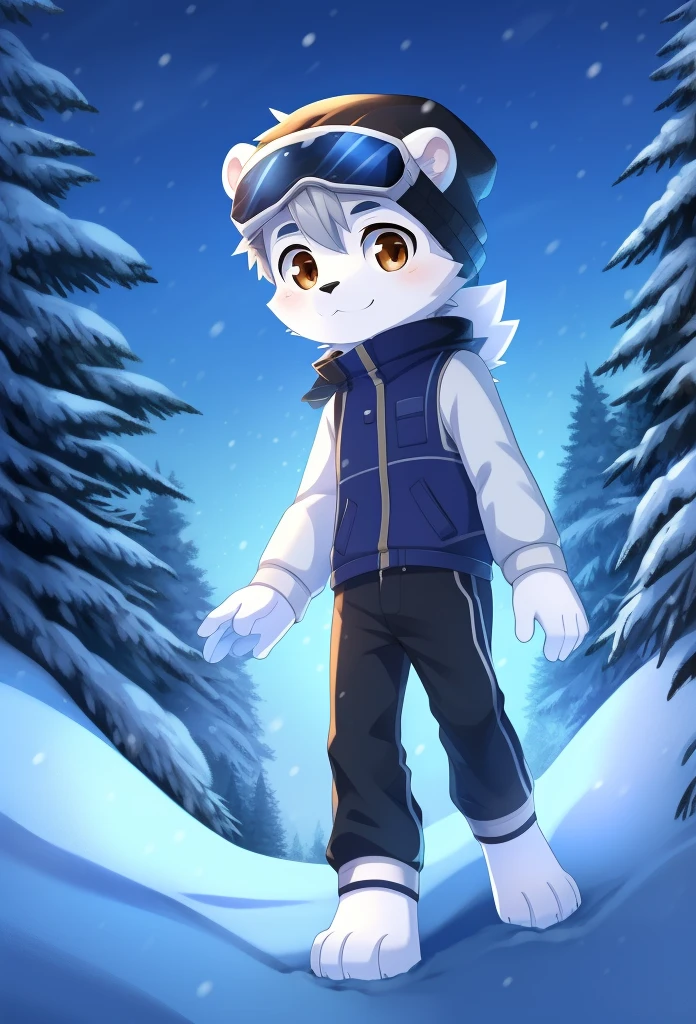 Furry shota, young, short boy, polar bear, grey hair, spiky hair, spiky short ponytail, detailed body fur, brown eyes, winter blue vest, open clothes, black trunks, winter cap, snow goggles, masterpiece, looking at you, white body fur, detailed face, big eyebrows, detailed eyes, detailed body, no muscles, snow forest, snow rain, clear sky, detailed hands, flat body, glistering body, shiny body, skinny, spectacular effects, sassy face, :3, paws whit three toes, full body,