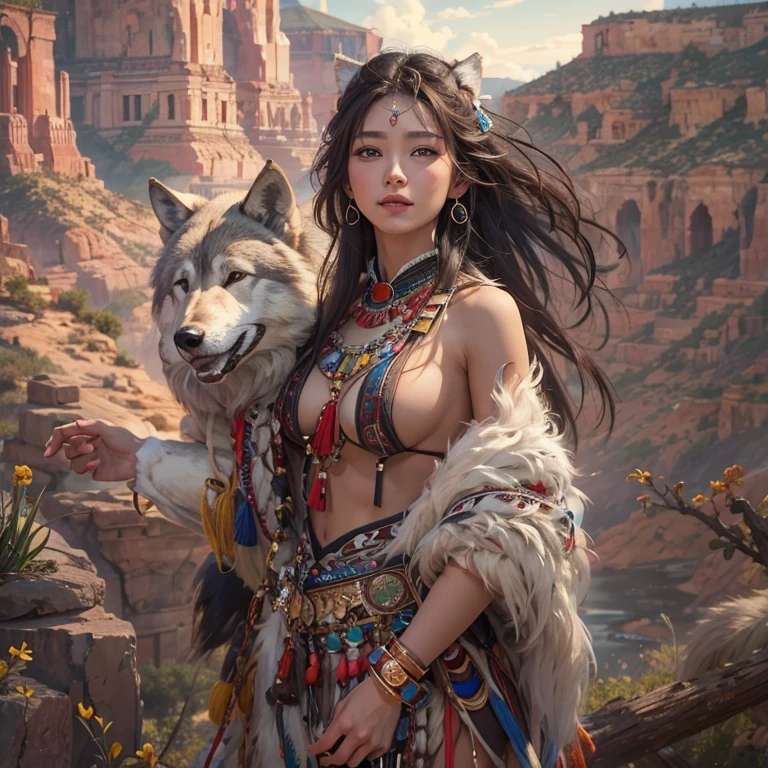 At the Grand Canyon、Hair flow、 ((Highest quality、masterpiece、8K、Best image quality、Ultra-high resolution、Award-winning works)、(Accurate anatomy:1.1)、(Look at me and smile:1.1)、Shining fair skin with Ultra-high resolution、The most detailed face、Ultra-high resolution detailed face、Ultra-high resolutionの髪の毛、(Ultra-high resolutionの煌めく瞳:1.1)、Beautiful face drawn in every detail、(Blurred Background:1.1)、Native American Costume, American Indian Clothing, Chest to chest, tattoo、A real giant condor next to you。The wolf is watching
