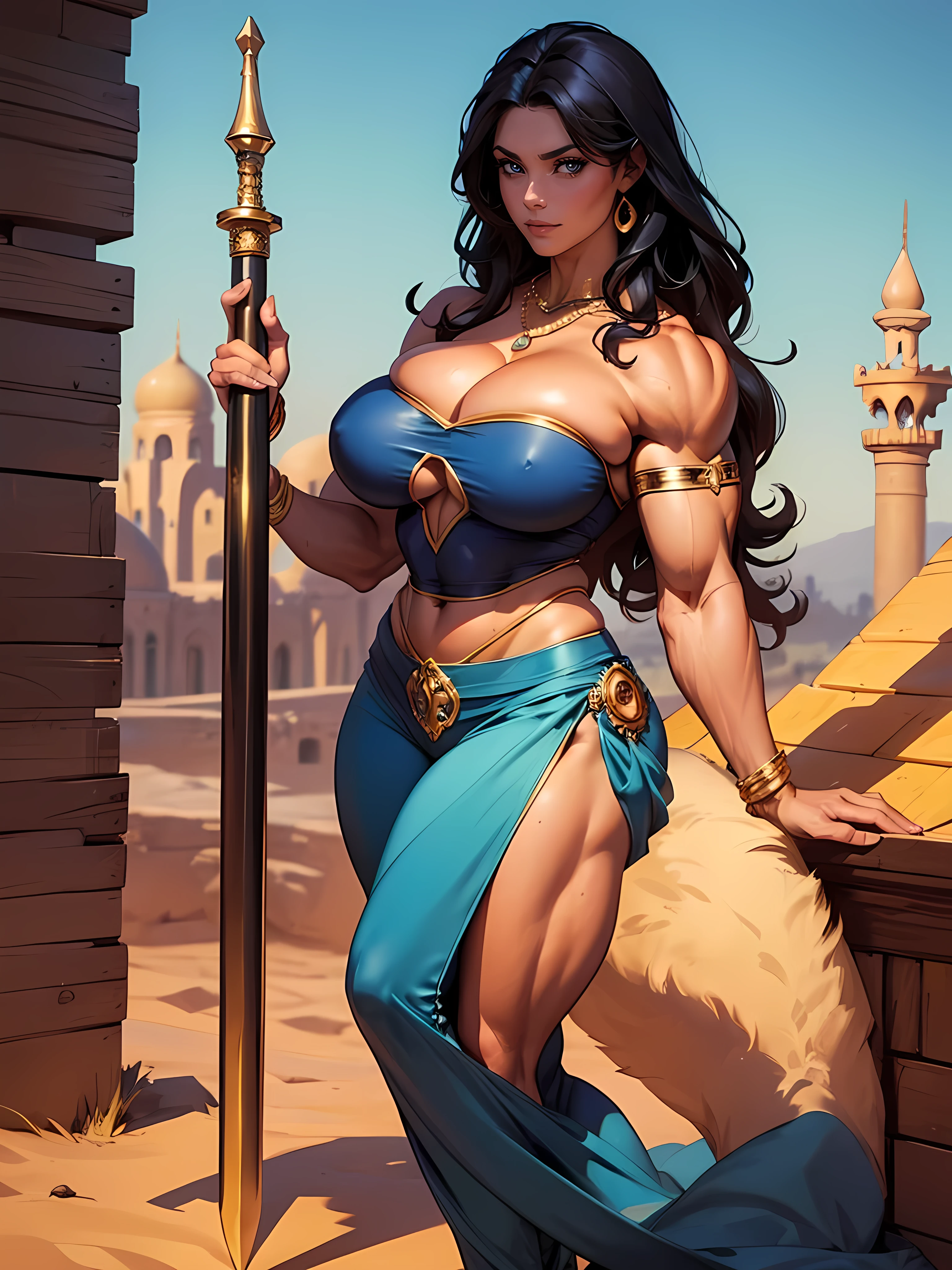 (masterpiece, top quality, best quality, official art, beautiful and aesthetic:1.2), (1girl:1.3), ((Full Body)), (((massive female bodybuilder:1.5))), ((Long Muscular Legs)), long wavy black hair, tanned skin, extremely detailed, portrait, looking at viewer, solo, (full body), detailed background, close up, mischievous eyes, (hot summer desert Arabia theme:1.1), Persian duelist woman, dark makeup, charlatan, smirk, mysterious, walking in desert, revealing blue and gold and sapphire Arabian harem girl attire, see through clothes, sheer fabric, poofy blue pants, strapless, off shoulder top, tight top, tight tube top, jewelry, armlets, elaborate necklaces, blue fabric, gold jewelry, precious stones, scimitar, curved sword, ((((gigantic breasts, cleavage, skindentation)))), slim waist, wide hips, wide shoulders, ancient (Arabian palace exterior:1.1) background, dark mysterious lighting, shadows, magical atmosphere, dutch angle,
