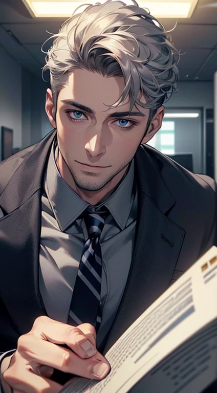 (best quality,4k,8k,highres,masterpiece:1.2),ultra-detailed,(realistic,photorealistic,photo-realistic:1.37),1 man,31 years old,mature man,very handsome,without expression,smile,short grey hair,blue eyes,penetrating gaze,perfect face without errors,imposing posture,businessman,office background,cinematic lighting,hdr image