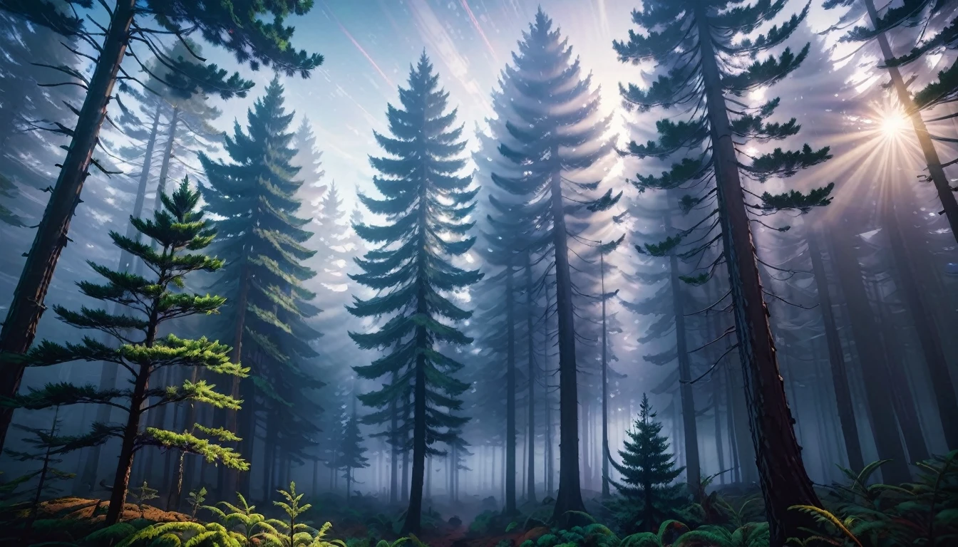 Trees in the fog々Sunlight shines in from between, Cinematic forest lighting, Luminous Forest, Foggy volumetric light morning,  Forest Fog Planet, Volume Fog Resolution, Volumetric Light Fog, Cyberpunk Forest, Forest rays,  Vast forests, Psychedelic lush pine forest, Volumetric Fog and Light