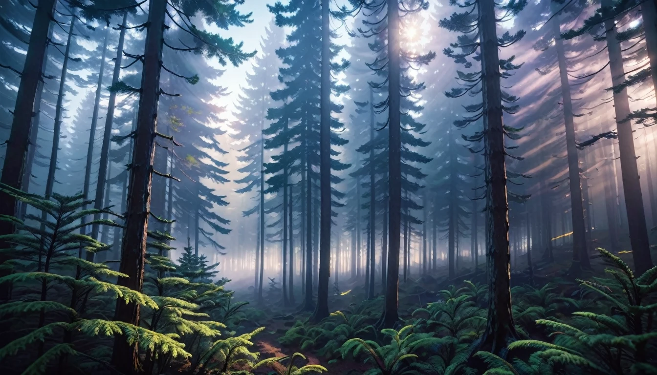 Trees in the fog々Sunlight shines in from between, Cinematic forest lighting, Luminous Forest, Foggy volumetric light morning,  Forest Fog Planet, Volume Fog Resolution, Volumetric Light Fog, Cyberpunk Forest, Forest rays,  Vast forests, Psychedelic lush pine forest, Volumetric Fog and Light