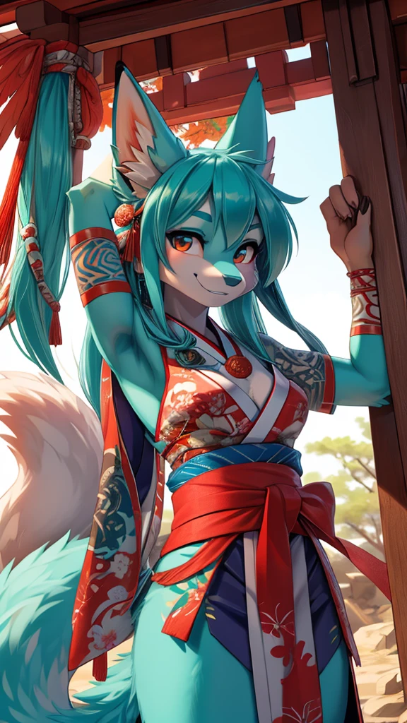 Miku Hatsune, add high definition_detail:1, blue fur,kitsune ears, tribal tattoo add_detail:1, arms in the air, japanese shrine costume add_detail:1, Smiling girl, model:breakdomain add_detail:1