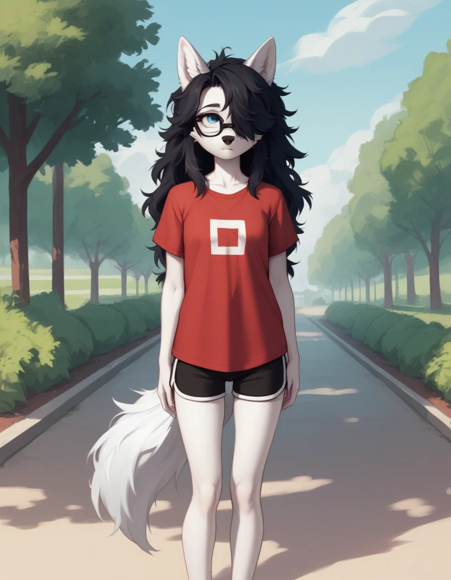 Solo, score_9,score_8_up,score_7_up, a young nerdy Anthro furry wolf woman, wolf snout, white furry body, tall, long black messy hair, black hair, hair in a pony tail, hair covering one eye, white wolf tail, black glasses, blue eyes, white wolf ears, white wolf tail, small breasts, wearing oversized red t shirt, black boy shorts, standing, outdoors, at a park, flinching, shielding her face from the sun, sunny day, looking up, squinting, looking up