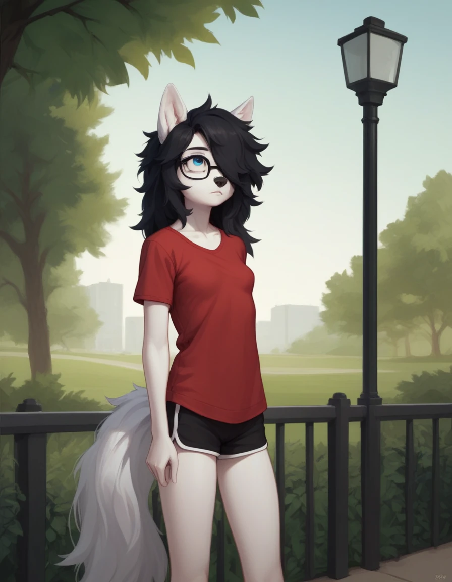 Solo, score_9,score_8_up,score_7_up, a young nerdy Anthro furry wolf woman, wolf snout, white furry body, tall, long black messy hair, black hair, hair in a pony tail, hair covering one eye, white wolf tail, black glasses, blue eyes, white wolf ears, white wolf tail, small breasts, wearing oversized red t shirt, black boy shorts, standing, outdoors, at a park, flinching, shielding her face from the sun, sunny day, looking up, squinting, looking up