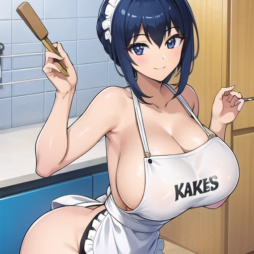  apron,showing ,smile,big ,kitchen,showing whole face