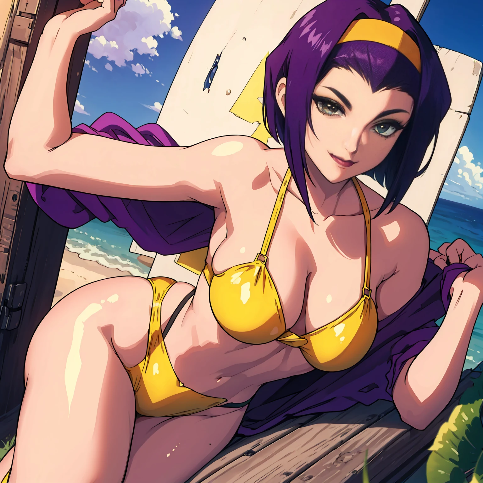 faye valentine, ((short violet hair, glowing green eyes, lipstick, pearl necklace, makeup, narrow waist, skinny, medium breasts)), pelvic curtain, ((yellow bikini, yellow hairband)), full body, perfect body, (insanely detailed, beautiful detailed face, masterpiece, best quality) , (((solo))), (((1girl))), (((mature))), (extremely detailed 8k paper CG wall unit: 1.1), (beach, ocean, dusk), (smile face for the viewer), underbutt, behind, from abck, big ass