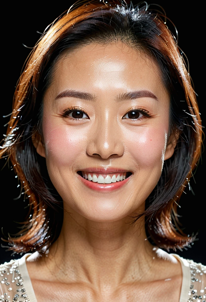 face perfect, beautiful face of a 40 year old Korean woman, Smiling beautiful, with black background,new