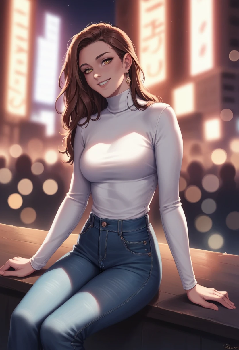 Highres close up photo of a woman, ultimate photorealism, rkps,  wearing jeans and white turtleneck, night time, ornate Indian jewelry, smiling, cinematic lighting, background of city lights in beautiful bokeh  pussy juice  in sitting position 