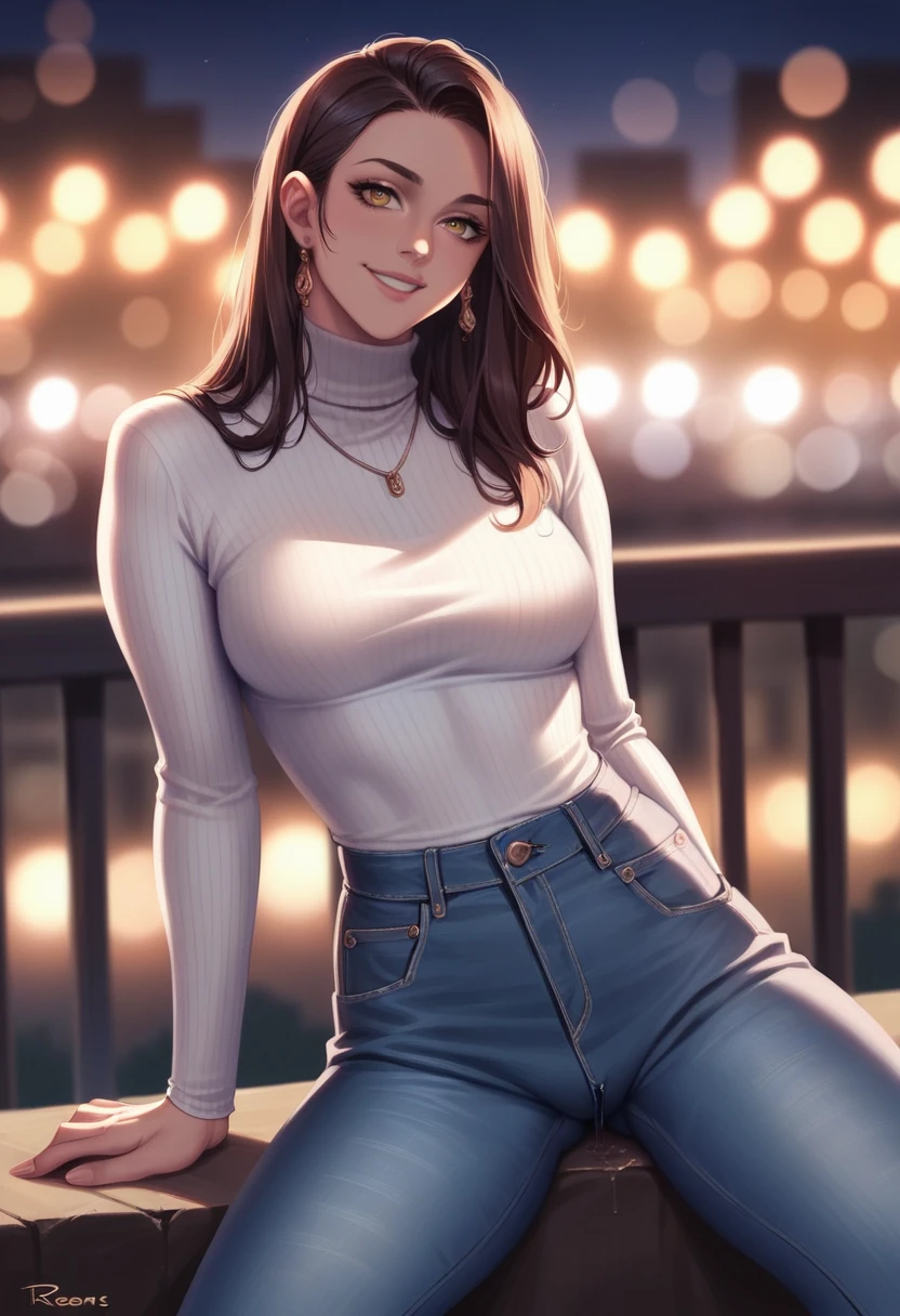 Highres close up photo of a woman, ultimate photorealism, rkps,  wearing jeans and white turtleneck, night time, ornate Indian jewelry, smiling, cinematic lighting, background of city lights in beautiful bokeh  pussy juice  in sitting position 