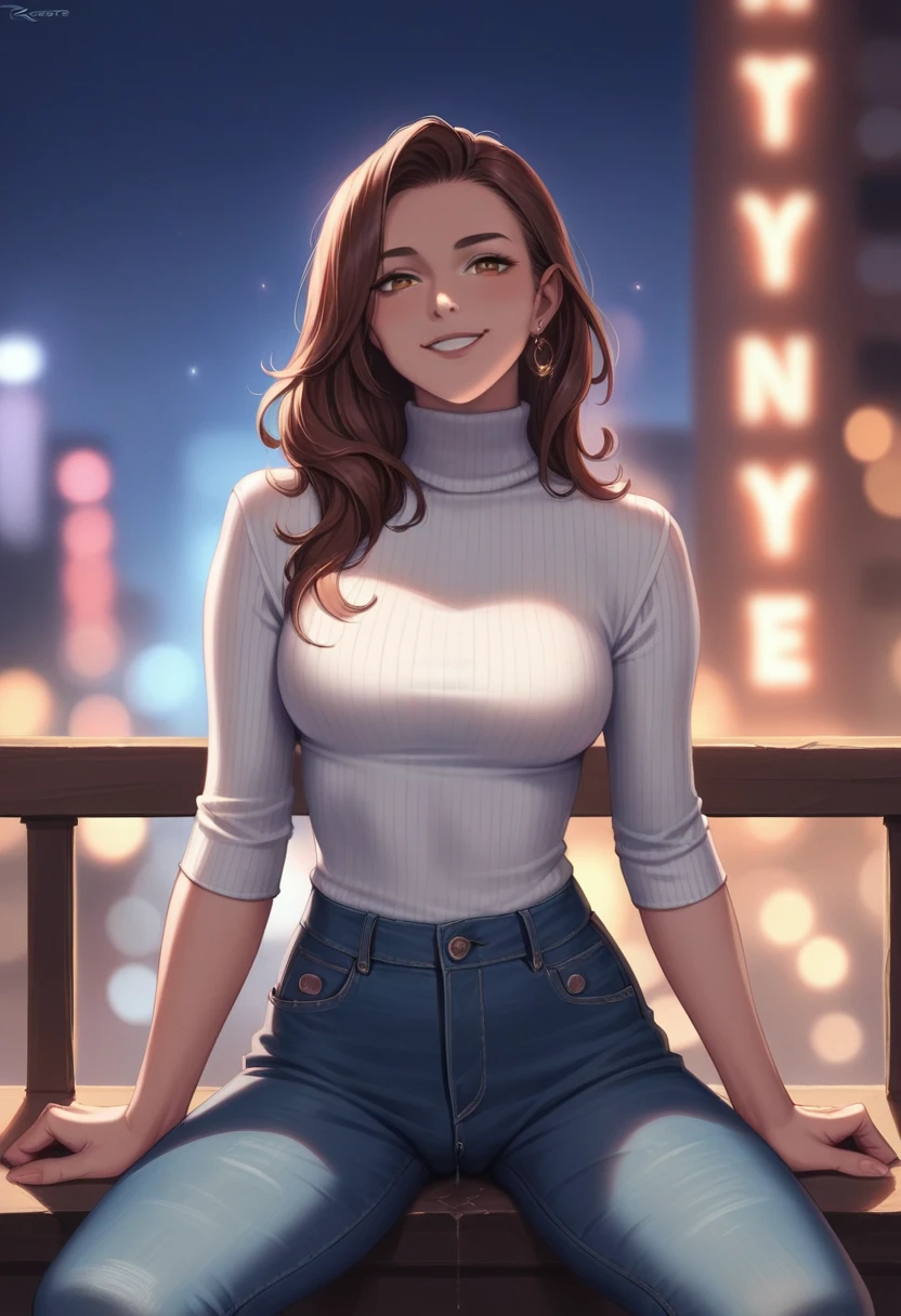Highres close up photo of a woman, ultimate photorealism, rkps, wearing jeans and white turtleneck, night time, ornate Indian jewelry, smiling, cinematic lighting, background of city lights in beautiful bokeh pussy juice in sitting position