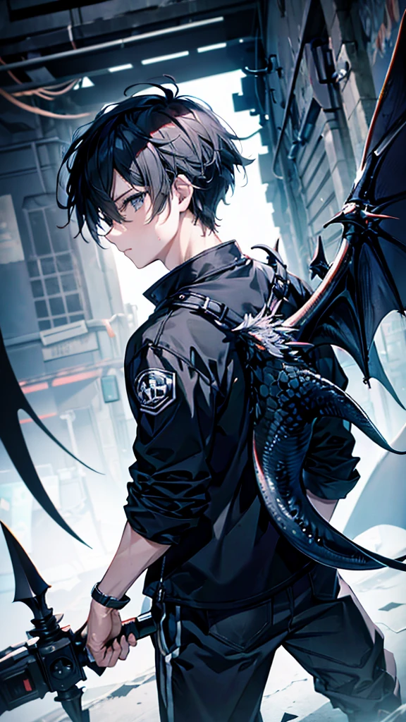 profile background, anime boy, serious face, black hair, grey eyes, black shirt with a kanji in the middle, with a blue dragon behind, high-res portrait, detailed eyes and face, character, fantasy, advanced urban, looking from behind at viewer, 4K, high resolution