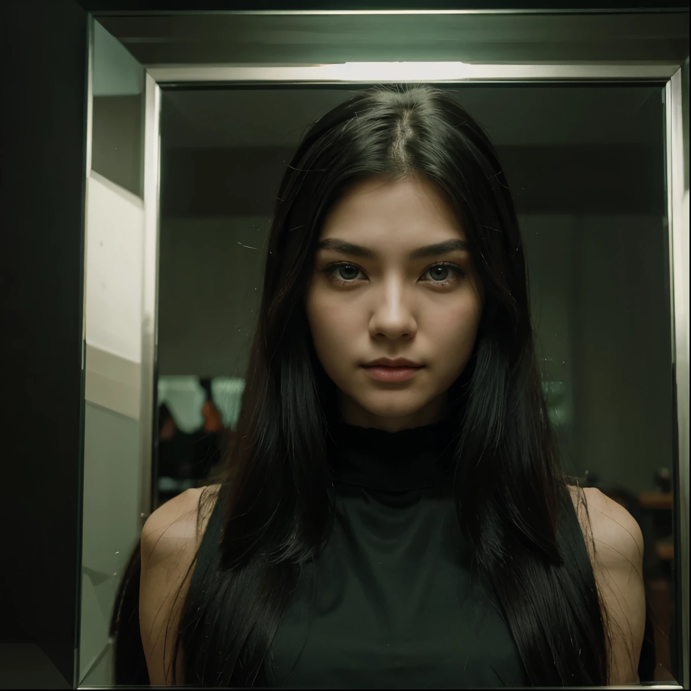 a girl with very long wolf cut hairstyle, very green and black long hair, facing forward, with a cool smirk, beautiful face, masterpiece, best quality, boyish clothing, korean girl, dark emerald green eyes, mirrored selfie, masterpiece, portrait.