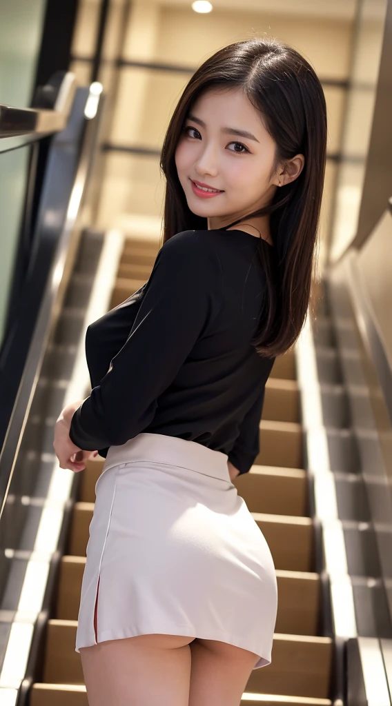 (8K, best quality, masterpiece:1.2), (realistic, photo-realistic:1.37), (high color saturation:1.0), (highly detailed skin), (highest quality:1.0), (ultra high resolution:1.0) ,(realistic:1.0), (Super detailed:1.0), (8K, Raw photo:1.1)、standing random pose, smiling, natural breast, perfect lighting, 22years old, (mysterious), clear and detailed, ((japaniese_office_uniform, flared skirt, sexy_blouse)), (indoor office, escalator), surprised face, ((looking at back viewer)), ((low angle photo)), panties,