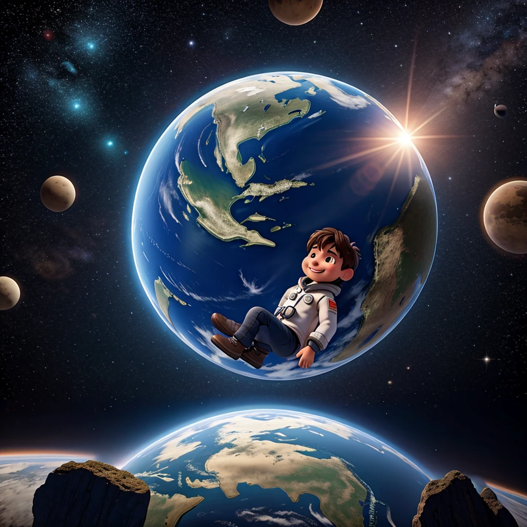 Happy astronaut in dark space with planet earth rendering in the background