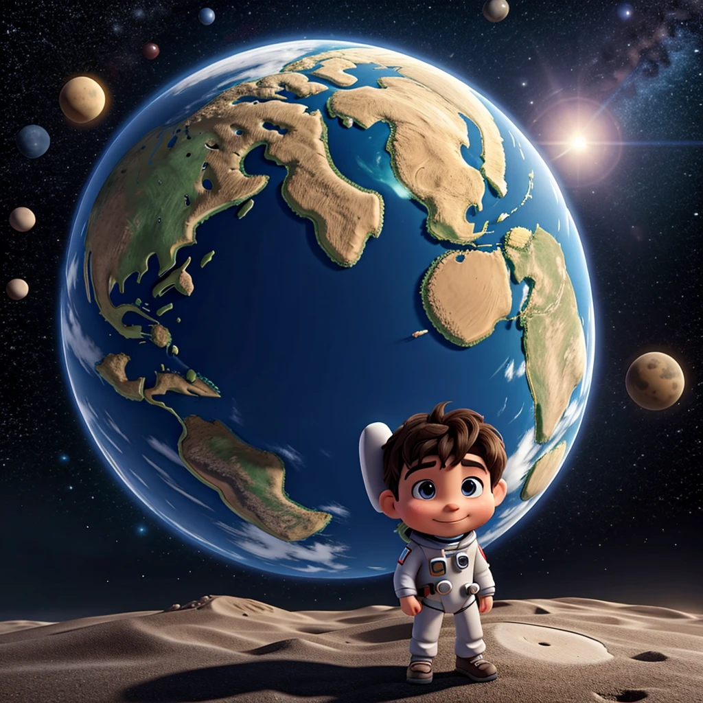 backpack boy, male child, brown messy hair, astronaut outfit, brown planet, friendly aliens gray with white, humanoid shape, in the sky only space and rocket star parked in the background, anime, super super realistic.