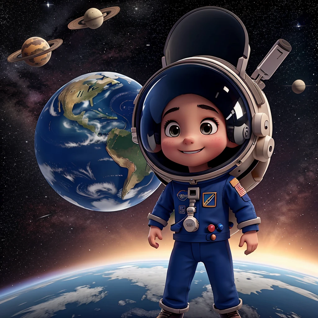 Happy astronaut  in dark space with planet earth rendering in the background