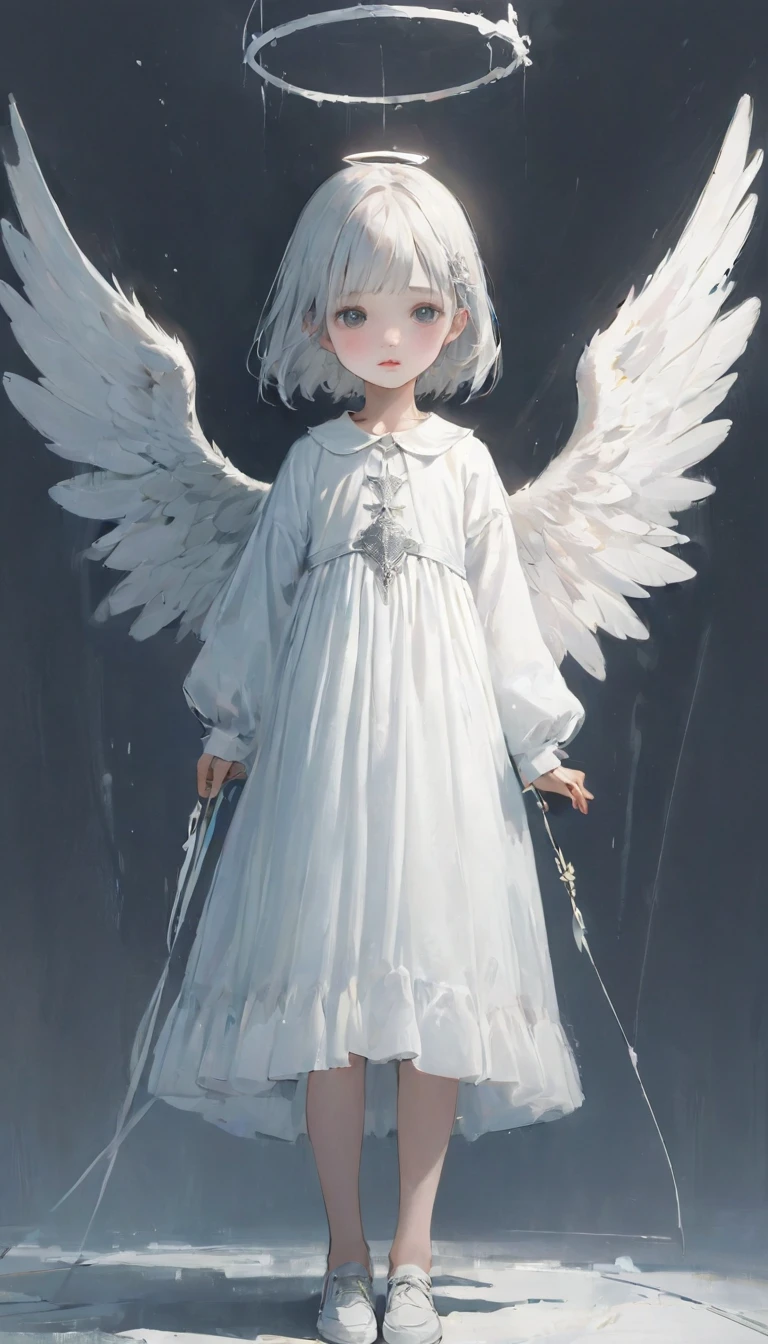 (masterpiece), (High resolution), (Very delicate), (masterpiece: 1.2, Highest quality),Perfect Anatomy、silver, An angel standing in a pure white world、The Girl Who Leads to Heaven、Cute face、Expressionless、 scribble, Doll-like face, Manga Style, rough sketch, Manga Styleイラスト, Japanese painting, whole body,(snap shot), Flat Illustration, Creepy Appearance, Unique atmosphere、