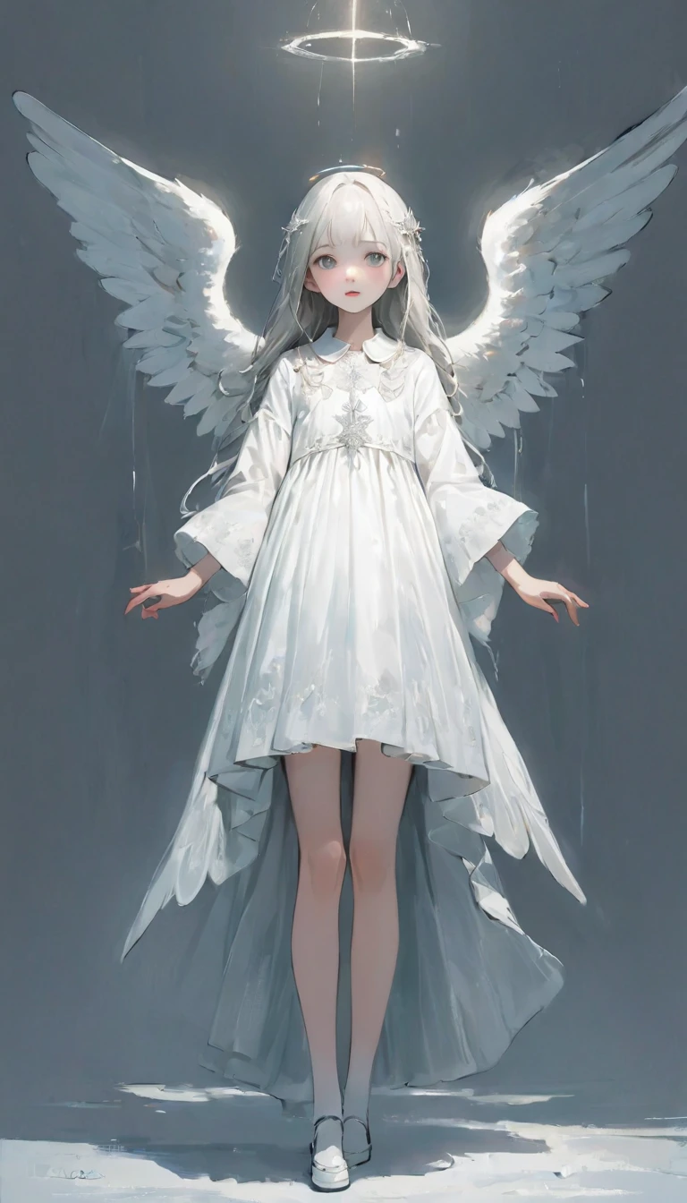 (masterpiece), (High resolution), (Very delicate), (masterpiece: 1.2, Highest quality),Perfect Anatomy、silver, An angel standing in a pure white world、The Girl Who Leads to Heaven、Cute face、Expressionless、 scribble, Doll-like face, Manga Style, rough sketch, Manga Styleイラスト, Japanese painting, whole body,(snap shot), Flat Illustration, Creepy Appearance, Unique atmosphere、