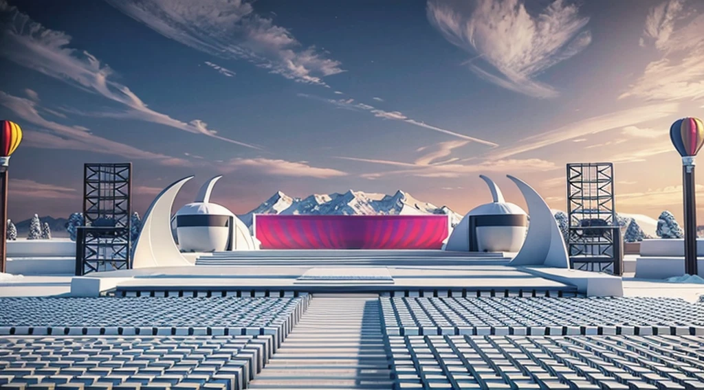 masterpiece，C4D，OC Renderer，high quality，Bright hues，Outdoor event stage design 3D rendering, Tibet, LED screen, two red podiums and blue seats, Grass, chairs, mountains, hot air balloon, snow, mountains, white, panoramic view