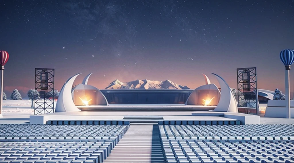 masterpiece,C4D,OC Renderer,high quality,Bright hues,Outdoor event stage design 3D rendering, Tibet, LED screen, two red podiums and blue seats, Grass, chairs, mountains, hot air balloon, snow, mountains, white, panoramic view