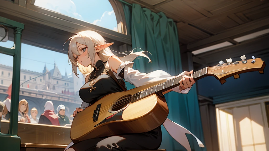 Anime Style,Nostalgic,Detailed background,The medieval world,A busy train with lots of people,Beautiful Elf Bard,guitar,Large Breasts,Underarm