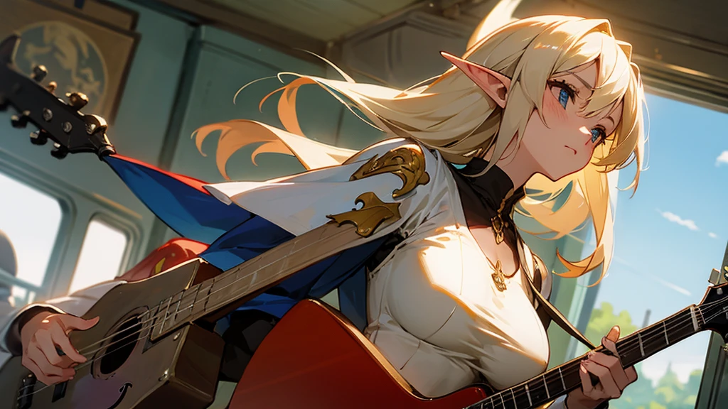 Anime Style,Nostalgic,Detailed background,The medieval world,A busy train with lots of people,Beautiful Elf Bard,guitar,Large Breasts,Underarm