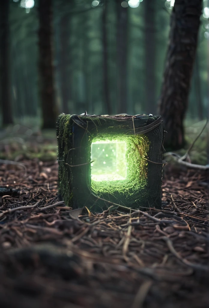 Glowing square shape in forest, depth of field