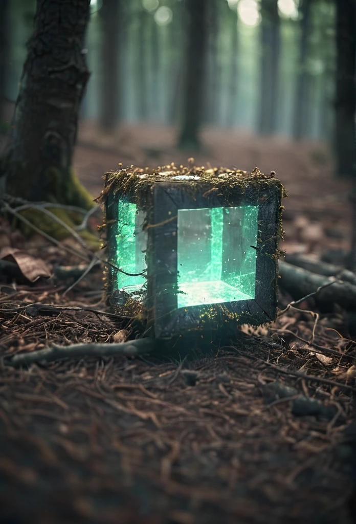 Glowing square shape in forest, depth of field