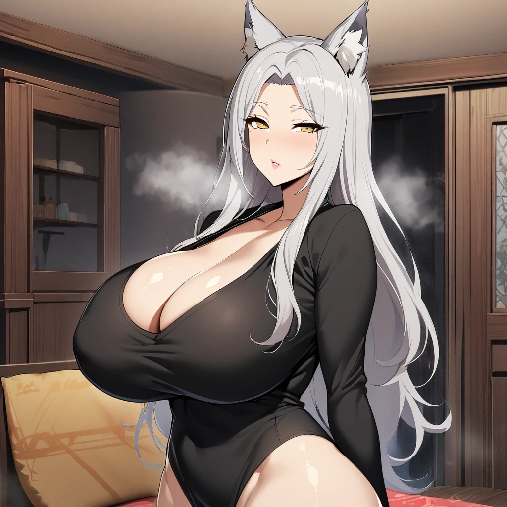 1girl,solo,Mature Women,Females in heat,grey hair color,long hair,wolf ears,blonde eyes,slanted eyes,super huge breasts,slender,black knit long sleeves,breath,amorous glance,mature and sexy,looking at viewer,near,standing up,house,in room