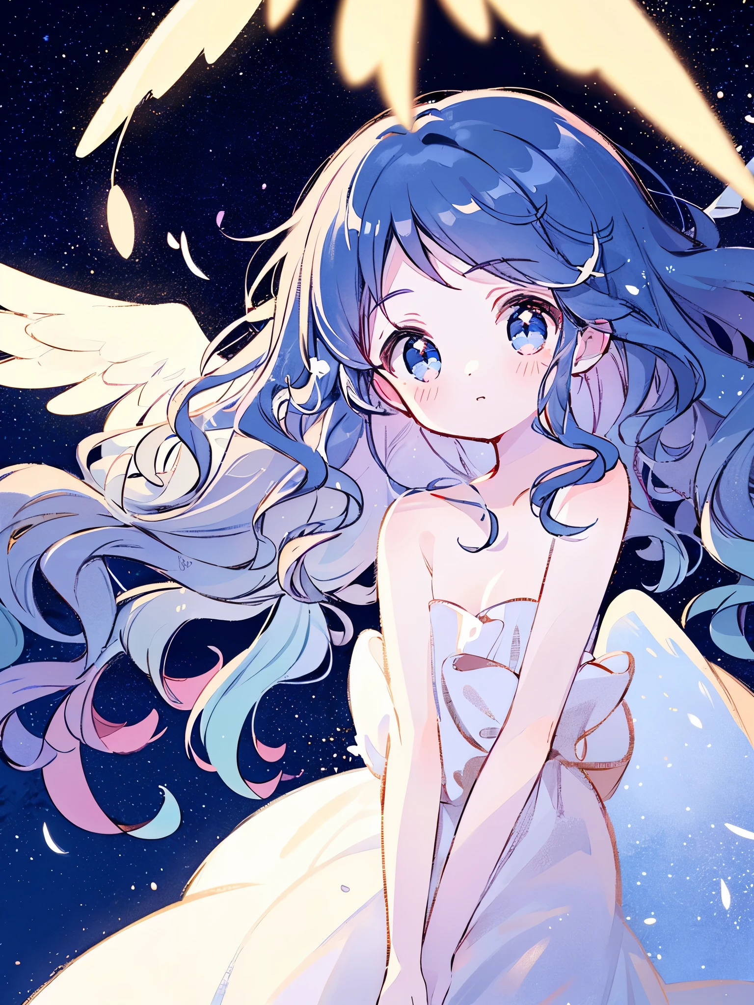 nude angel girl wearing an ethereal translucent dress, pale skin, ((blue mint wavy hair)), white feathers, angel wings, sparkling detailed eyes, golden ratio face, perfect composition, highly detailed, ethereal, (starry night sky background), midjourney style