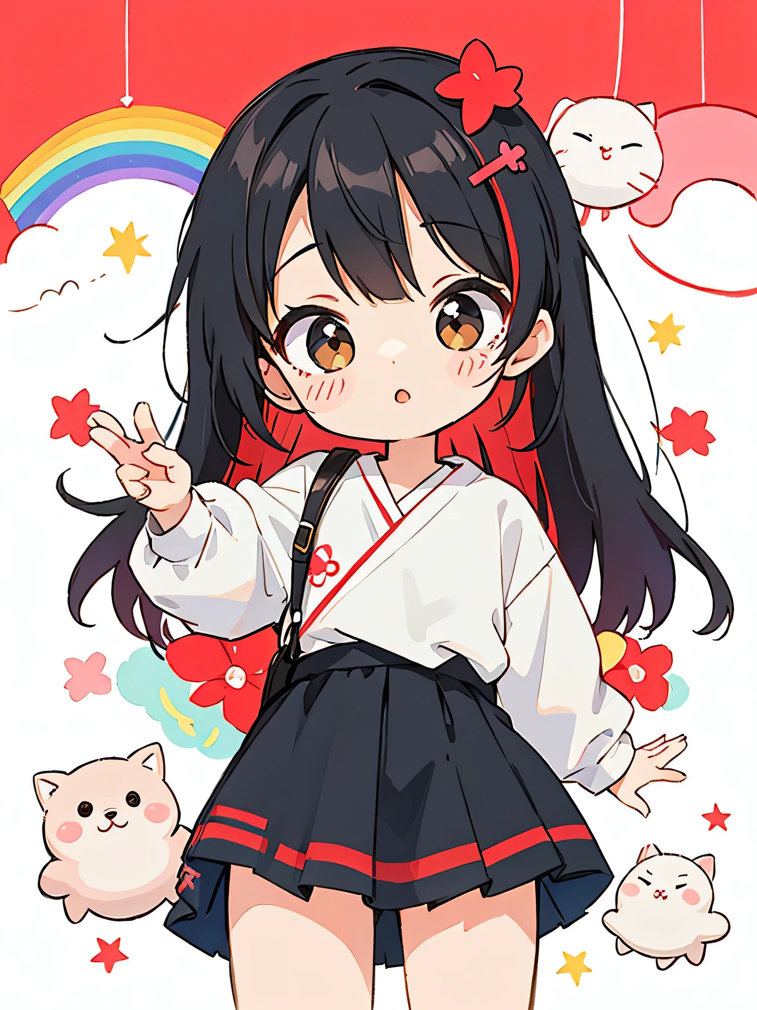 Black Star Red and White style、Kawaii Design, The most beautiful girl of all time、chibi, rainbow out of hand