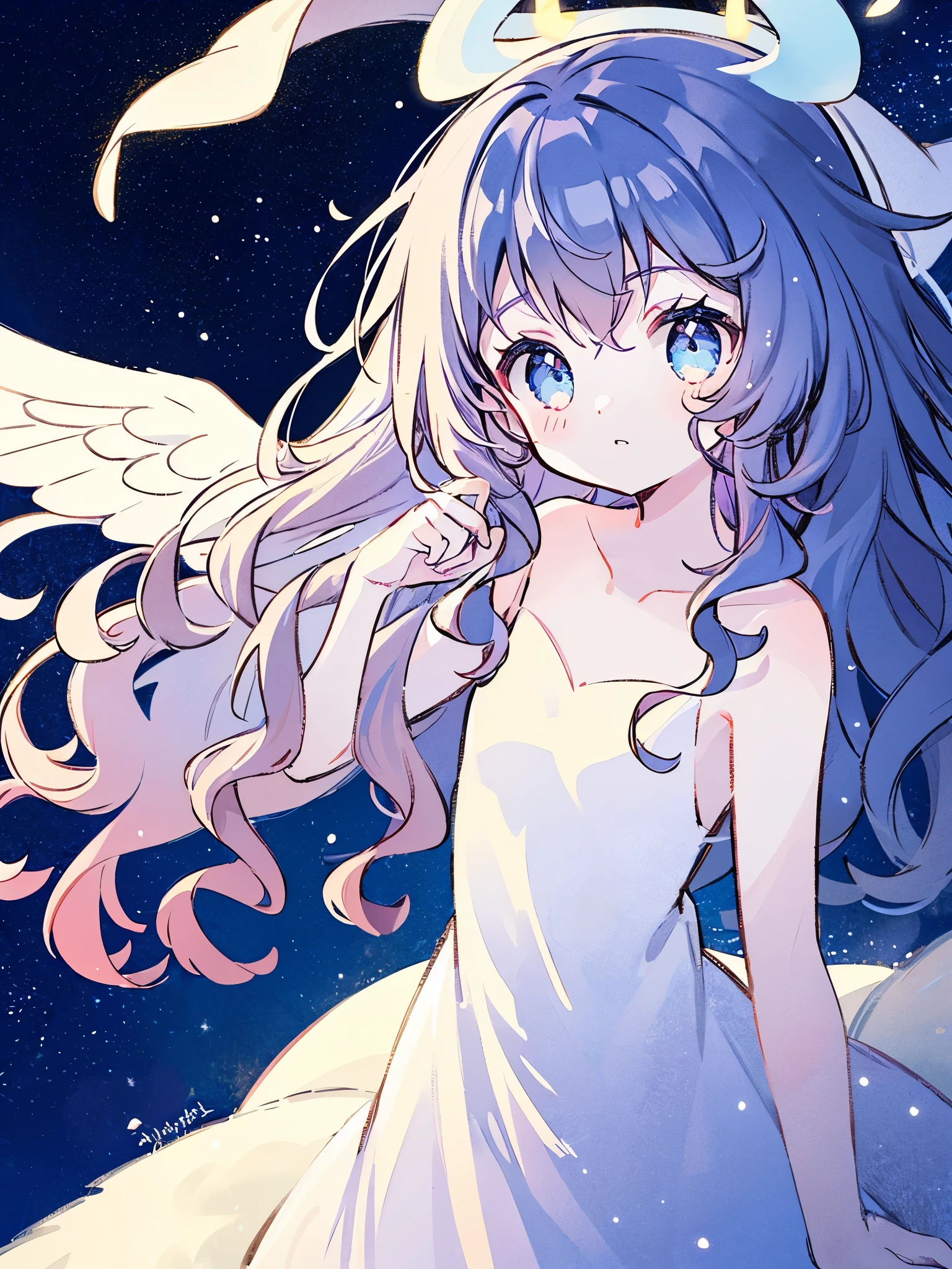nude angel girl wearing an ethereal translucent dress, pale skin, ((blue mint wavy hair)), white feathers, angel wings, sparkling detailed eyes, golden ratio face, perfect composition, highly detailed, ethereal, (starry night sky background), midjourney style