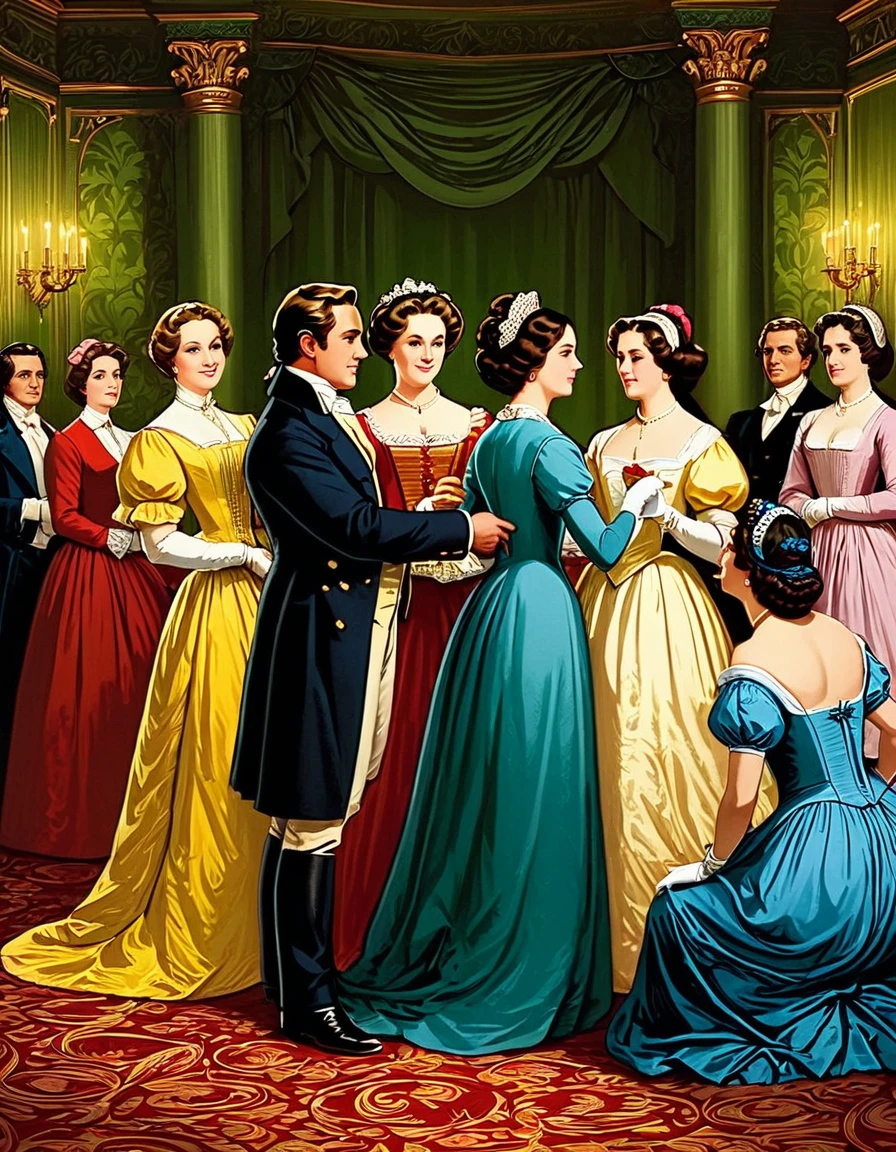 "It is a truth universally acknowledged, that a single man in possession of a good fortune, must be in want of a wife."
Image Prompt: Create an image that portrays a well-off, single man with several women seeking his attention, symbolizing the societal expectations and pressures on eligible bachelors in the story.