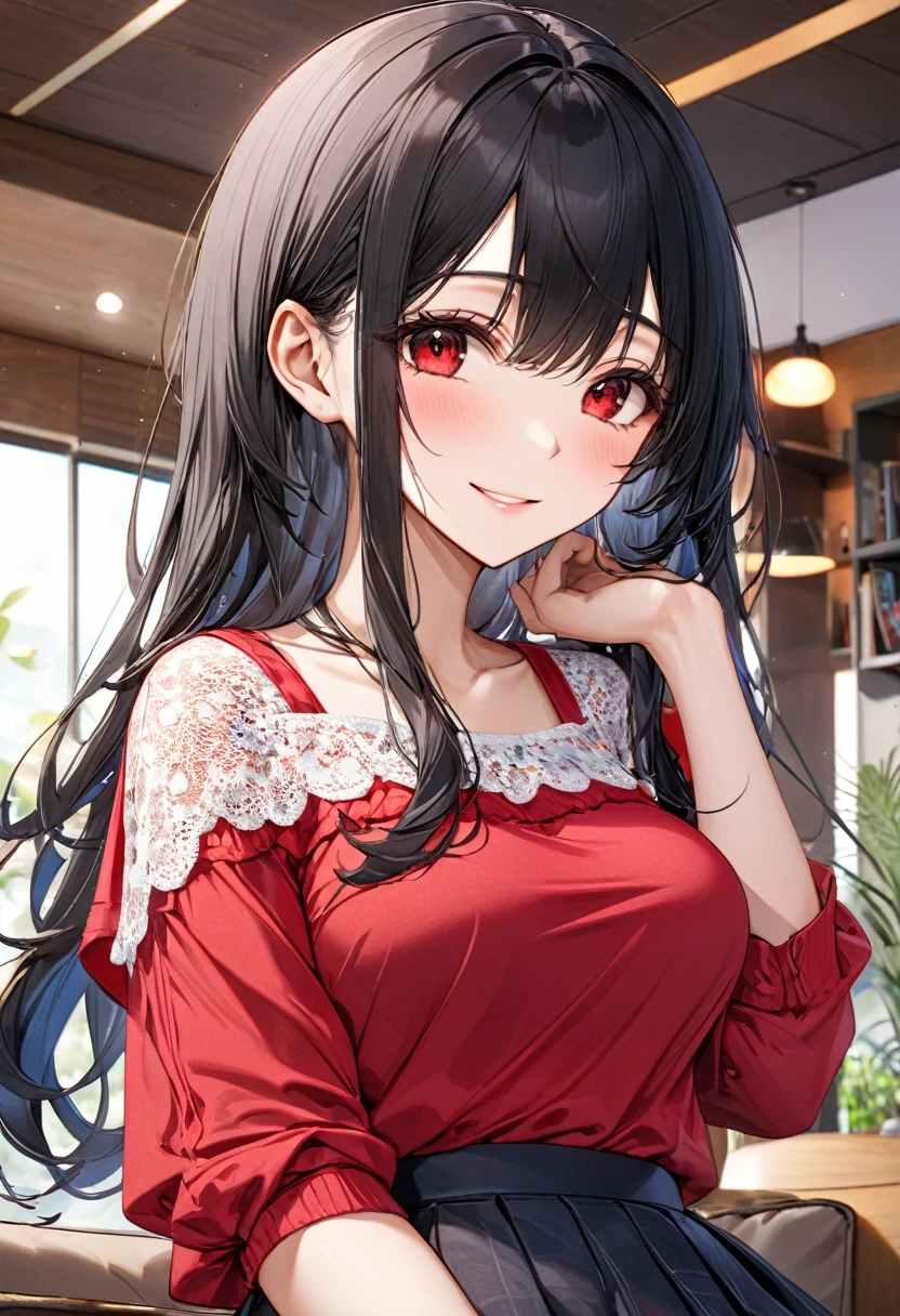(talking style) (in a casual summer blouse, skirt), (solo:2, 18 yo straight black hair long hair cool dominance girl, detailed cool red eyes, love smile, big tits), break, in the lounge, BREAK, perfect anatomy, masterpiece, best quality, 16k, beautiful detailed grow, daydreaming expression.