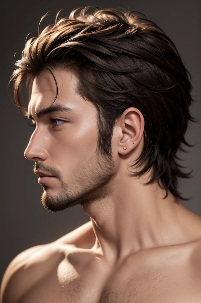 create a high resolution image of a man, Profile, wearing no shirt, drooling.