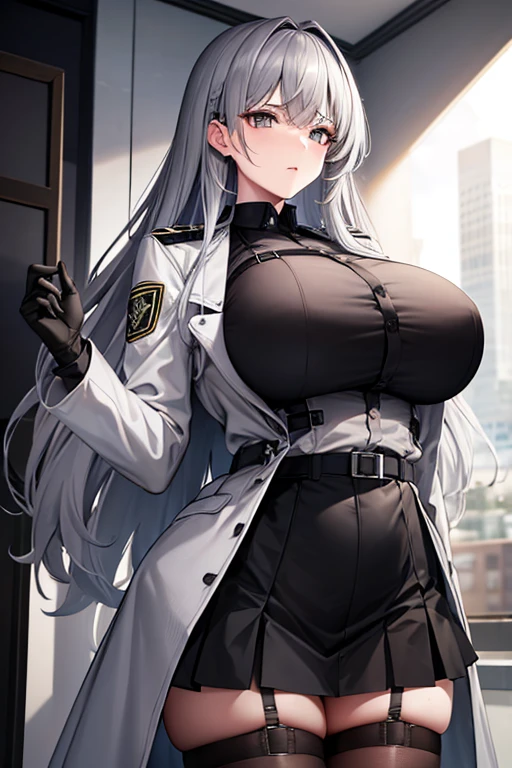 Mommy messy silver gray hair huge with very big and huge breasts with bra black tactical uniform pleated skirt with trench coat