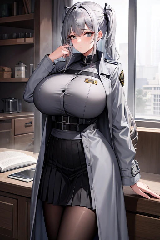 Mommy messy silver gray hair huge with very big and huge breasts with bra black tactical uniform pleated skirt with trench coat
