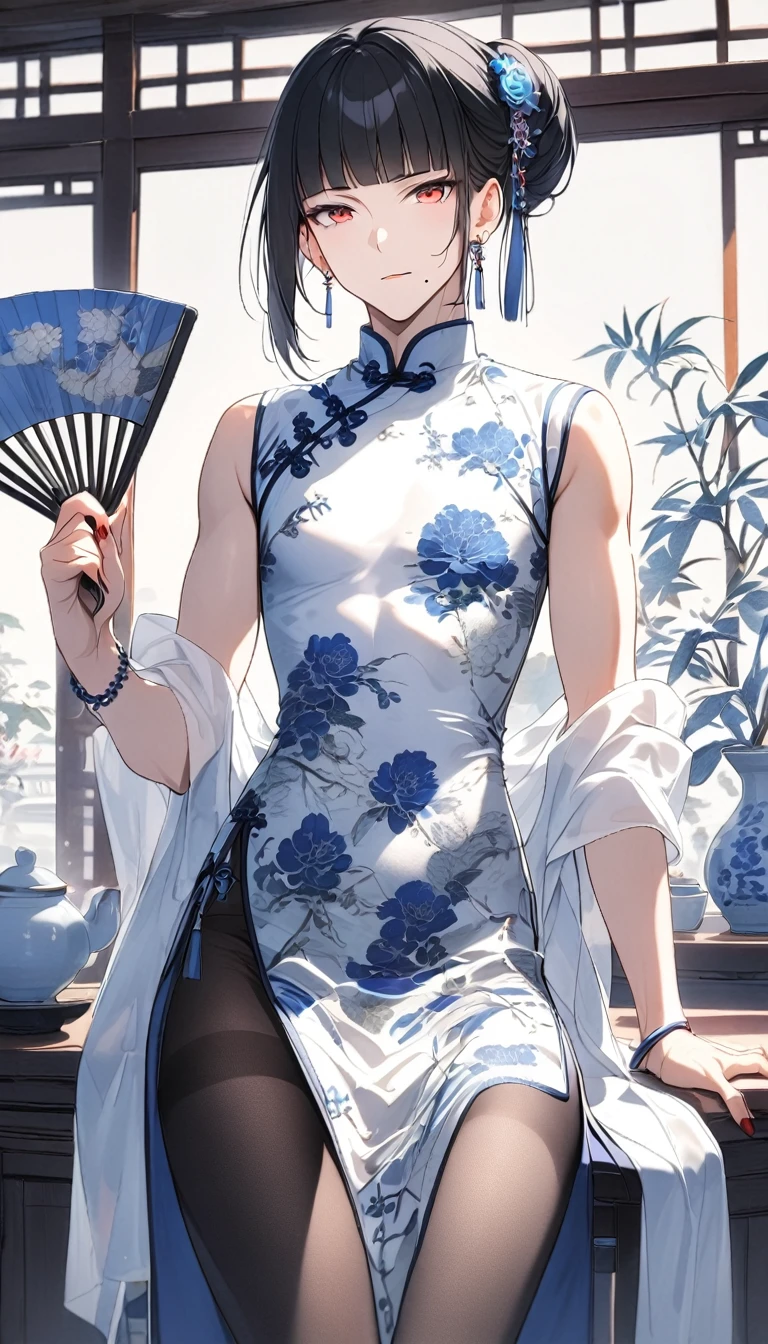 1man,(mature male),cool face,35 year old,red eyes,flat_chest,seductive smile,blue and white Chinese-style clothing,blue and white Chinese dress,blue and white Chinese qipao,blue and white floral print print,standing,black hair,very long hair,long bangs,blunt bangs,updo,(single mole under mouth),jewelry,blue and white chinese clothes,print dress,sleeveless,shawl,hand fan,legs_apart,bulge,looking at viewer,indoor,(teahouse),earrings,red nails,holding,bracelet,solo,holding fan,hair ornament,