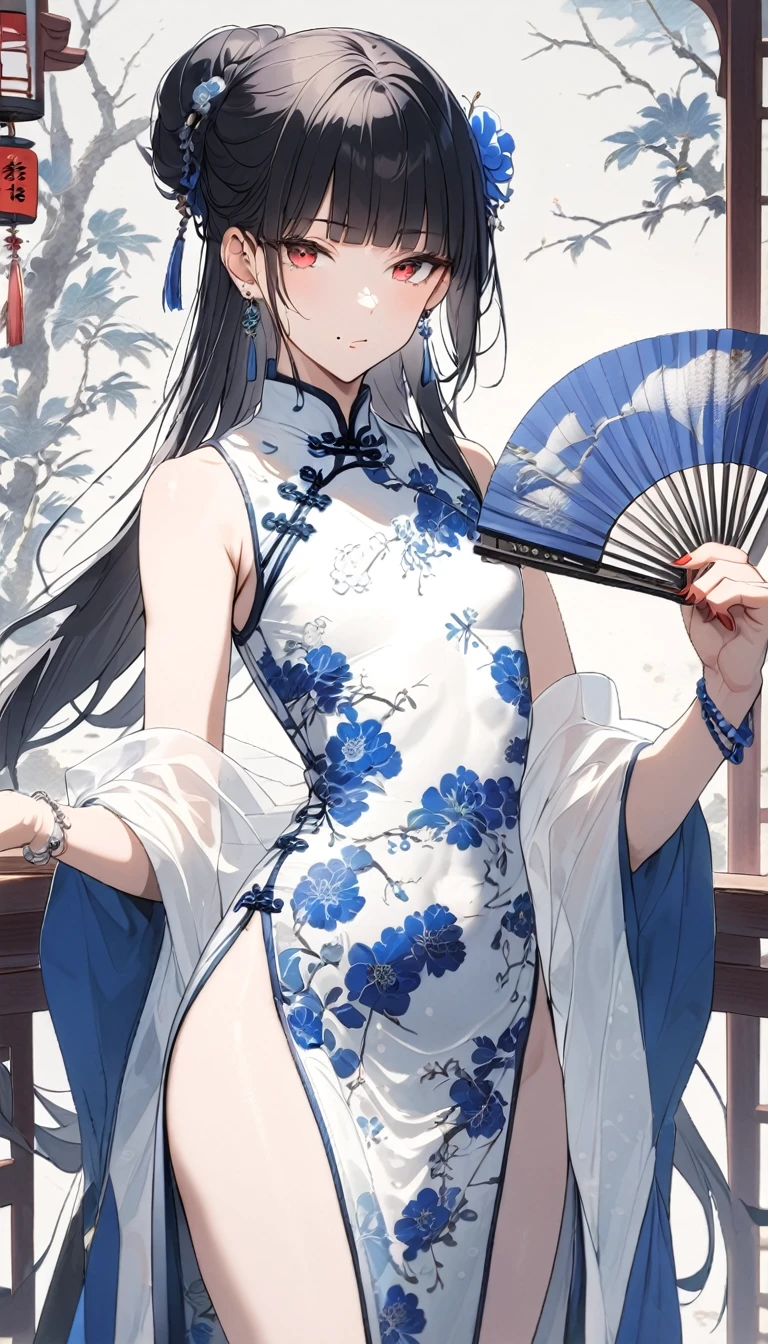 1man,(mature male),cool face,35 year old,red eyes,flat_chest,seductive smile,blue and white Chinese-style clothing,blue and white Chinese dress,blue and white Chinese qipao,blue and white floral print print,standing,black hair,very long hair,long bangs,blunt bangs,updo,(single mole under mouth),jewelry,blue and white chinese clothes,print dress,sleeveless,shawl,hand fan,legs_apart,bulge,looking at viewer,indoor,(teahouse),earrings,red nails,holding,bracelet,solo,holding fan,hair ornament,