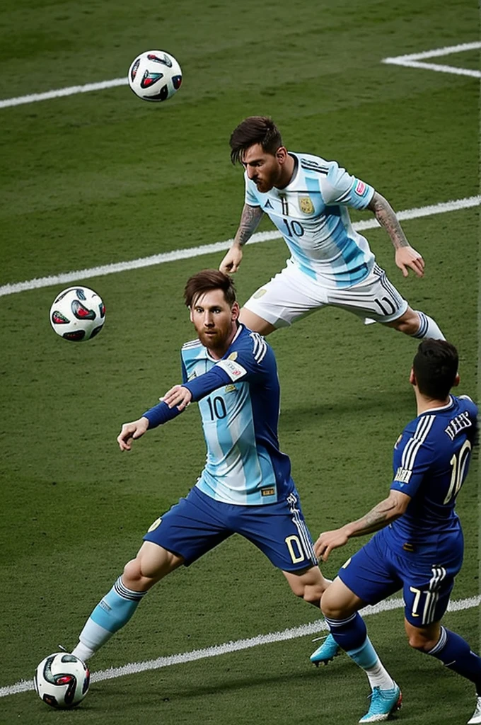 Messi with a full body Argentina shirt hitting the ball