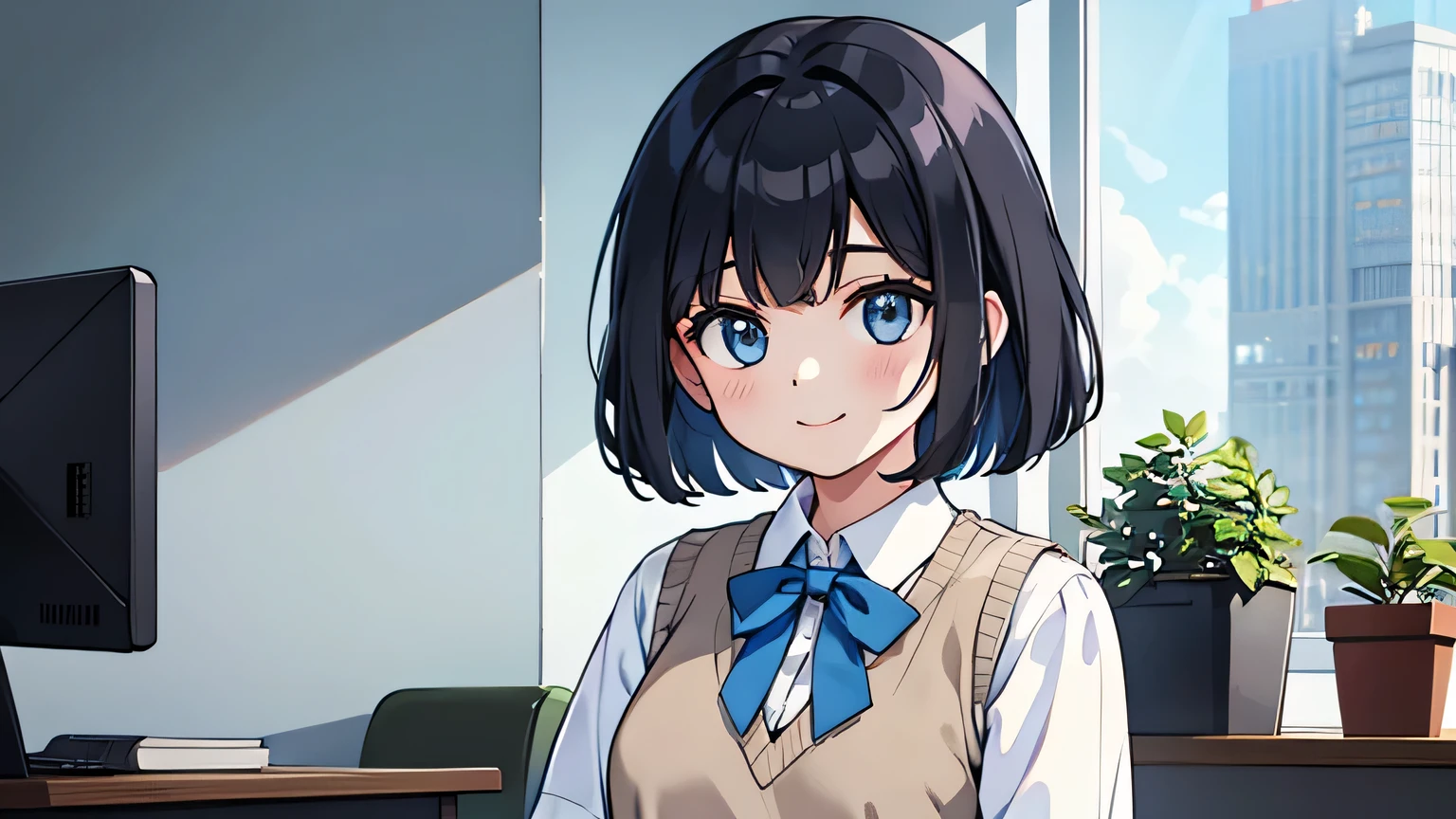 1girl, solo, gentle smile on her face flat chest, short hair, blue eyes, (detailed eyes), black hair, upper body, ((masterpiece, illustration, best quality)) ((best quality)), ((masterpiece)), (detailed), perfect face, 1 girl in white shirt and blue vest,pants,standing,working in office, a 1960s woman working in an office in New York, a window in a background
