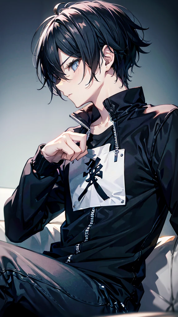 profile background, anime boy, serious face, black hair, grey eyes, detailed eyes and face, black shirt with a kanji in the middle, sitting on the sofa, in the living room, high-res portrait, character, fantasy, 4K, high resolution